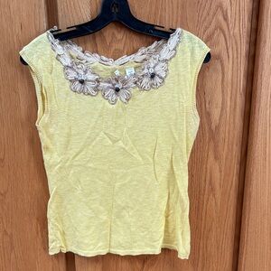 Anthropologie Moth Linen Blend Yellow Beaded Crochet Sleeveless Sweater Top M